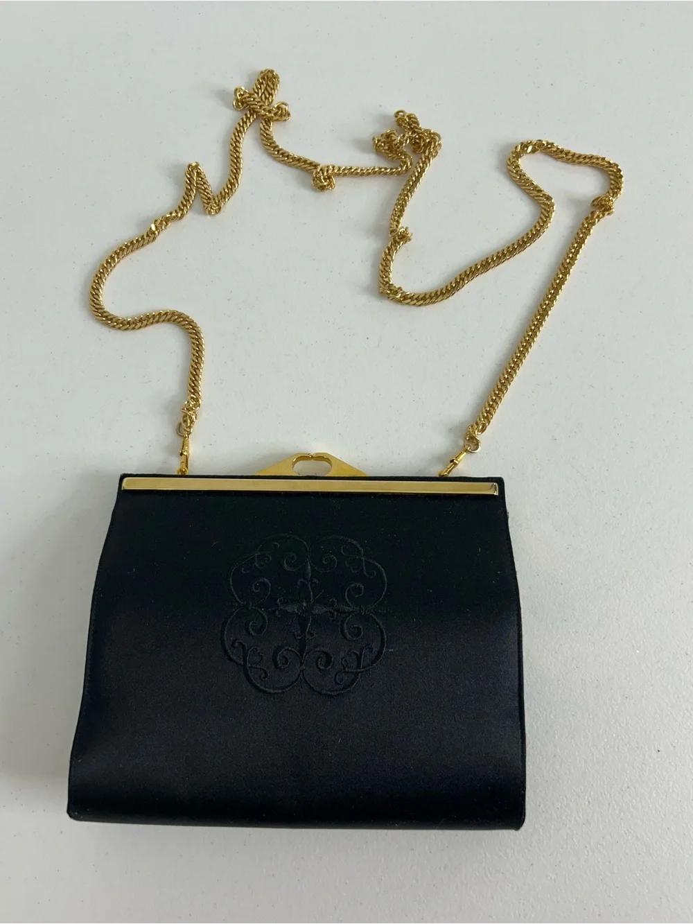 Bally Vintage Black Satin Evening Bag Gold Chain Kiss Lock Clutch Made in Italy